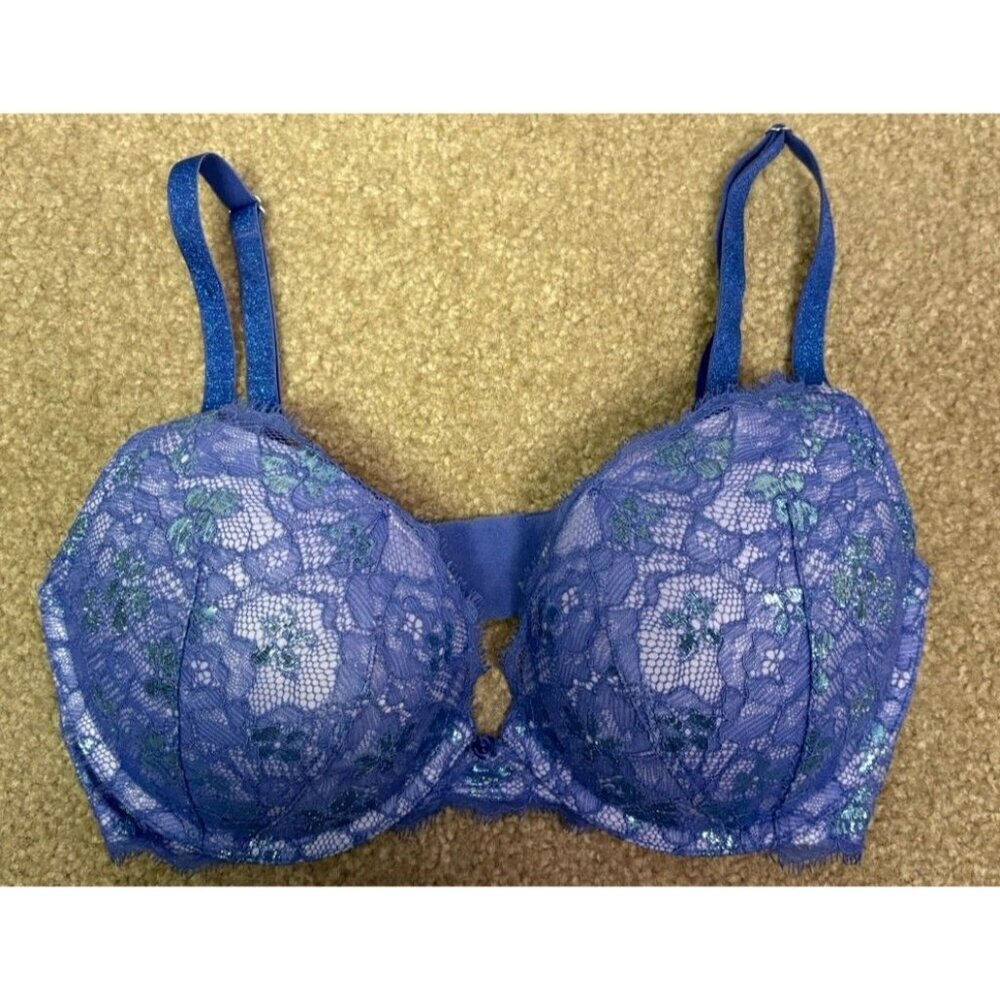 VICTORIA SECRET BLUE Silver LACE DREAM ANGELS PUSH UP 32D BRA Sparkle Straps